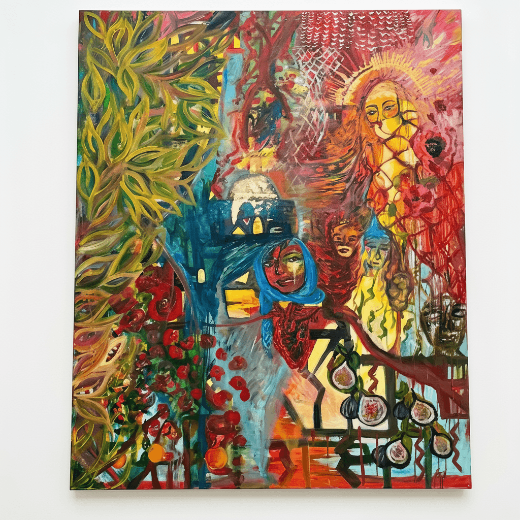 A dense, vivid collective painting in warm reds, golds, and greens — a radiant haloed golden figure at upper right, a blue-haired woman in a red keffiyeh-scarf at center, other faces and a mask emerging around them, a domed shrine, a flowing yellow-green tree down the left, and clusters of poppies and cut figs along the lower edge.