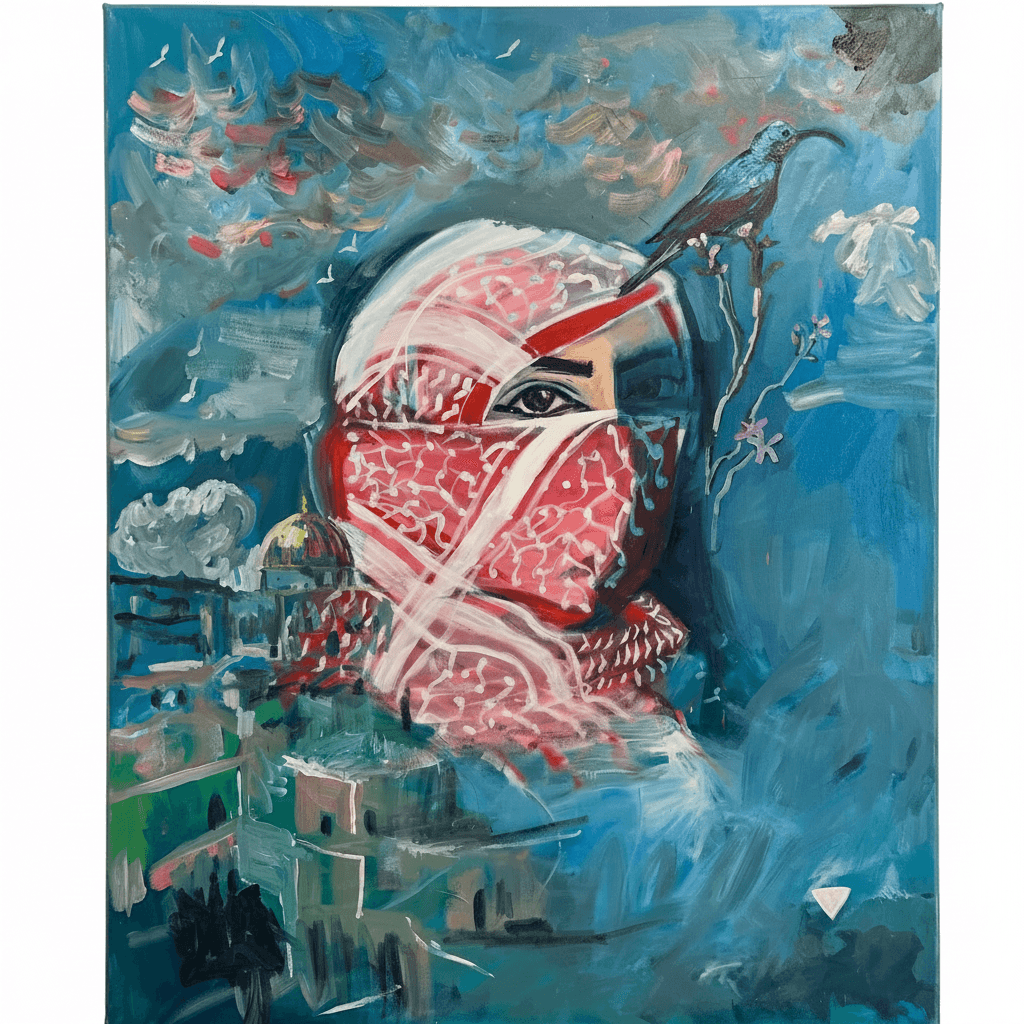 A figure wrapped in a red-and-white keffiyeh covering the lower face, one eye gazing forward, against a turbulent blue sky. A teal sunbird perches on a flowering branch beside them, with a faint cityscape and the golden Dome of the Rock below.