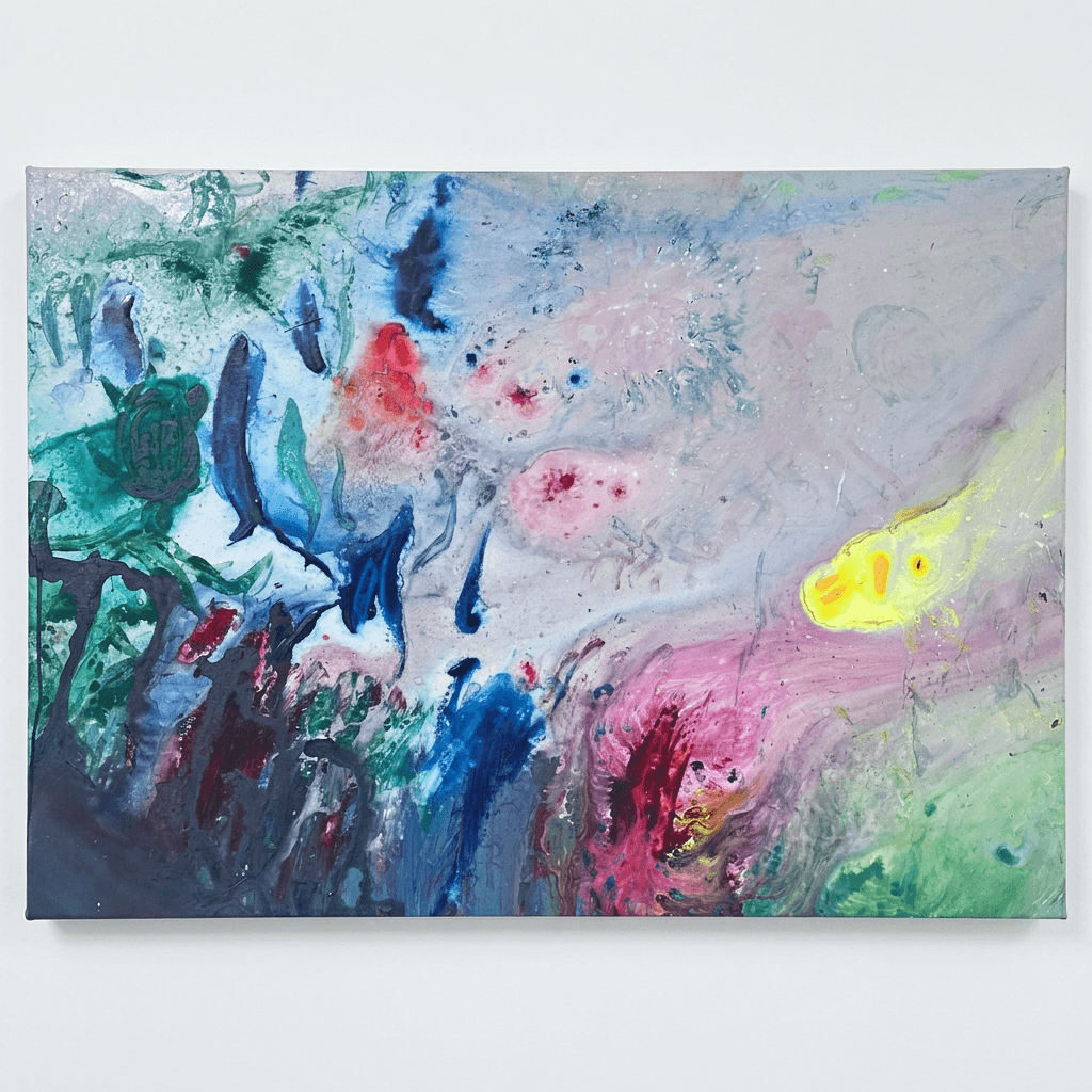 A large abstract fluid-art canvas in soft swirling pastels — a lavender-grey ground washed with blues, greens, and magenta-pink along the lower edge, with a luminous yellow-orange form glowing on the right.