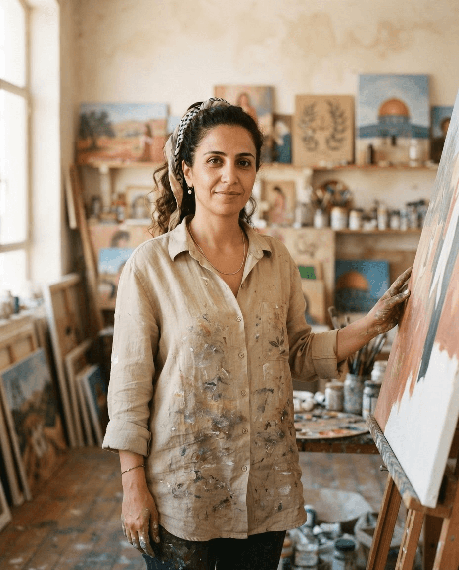 Layla Haddad in her studio, canvases behind her