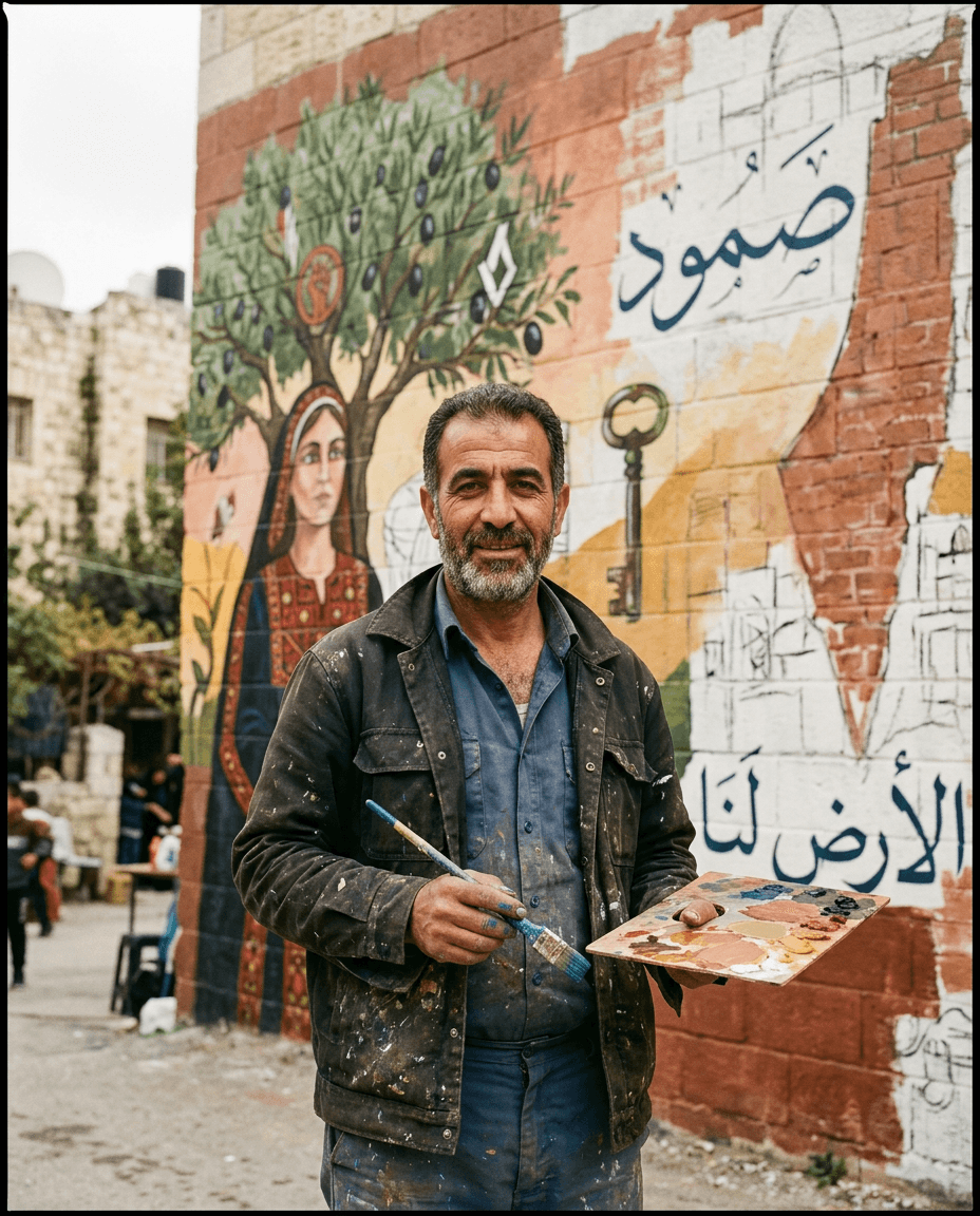 Yousef Awad standing in front of a mural in progress