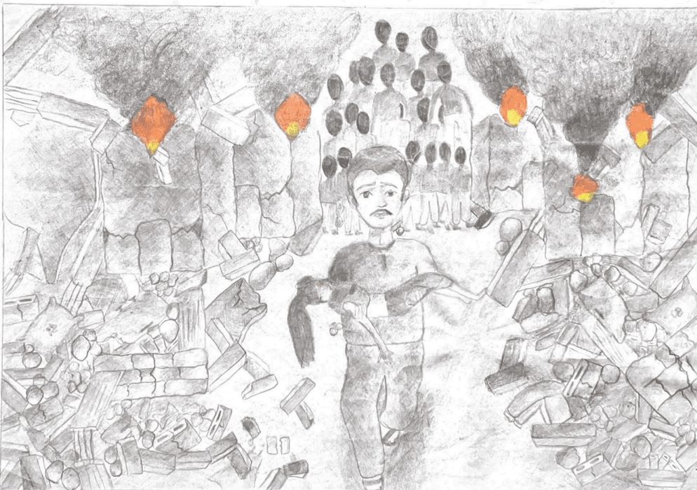 Rescued from the Rubble — a painting by Menna Abu Safi, age 16