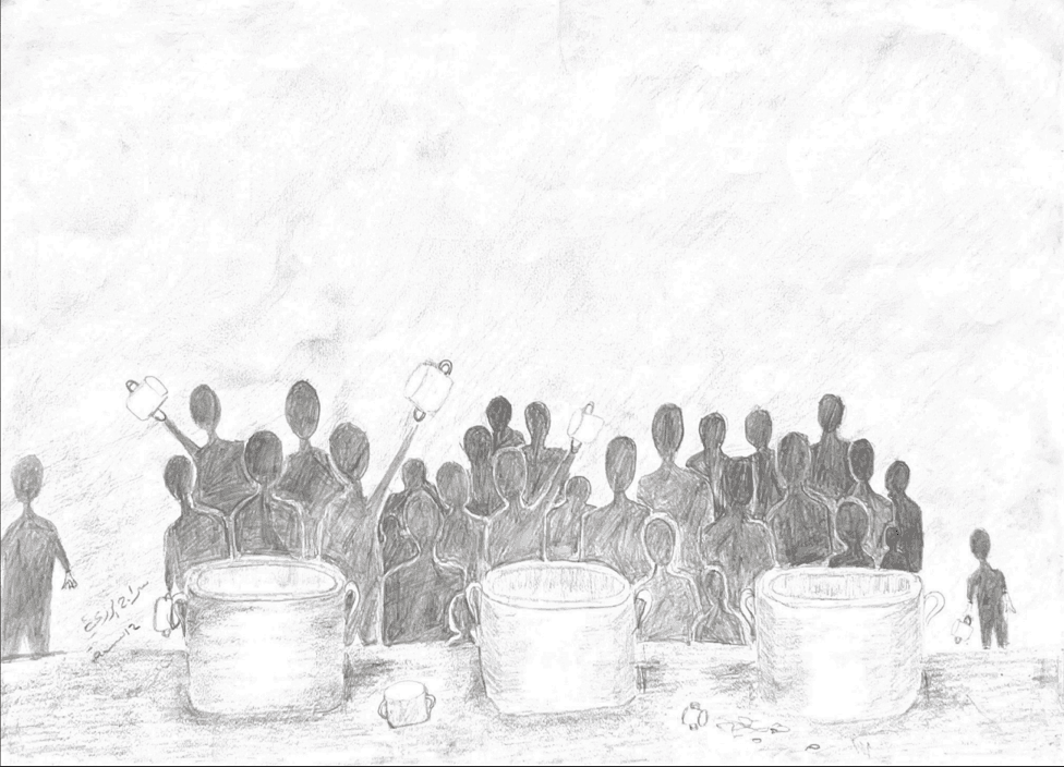 The Rush for Food — a painting by Siraj Al-Razee, age 12
