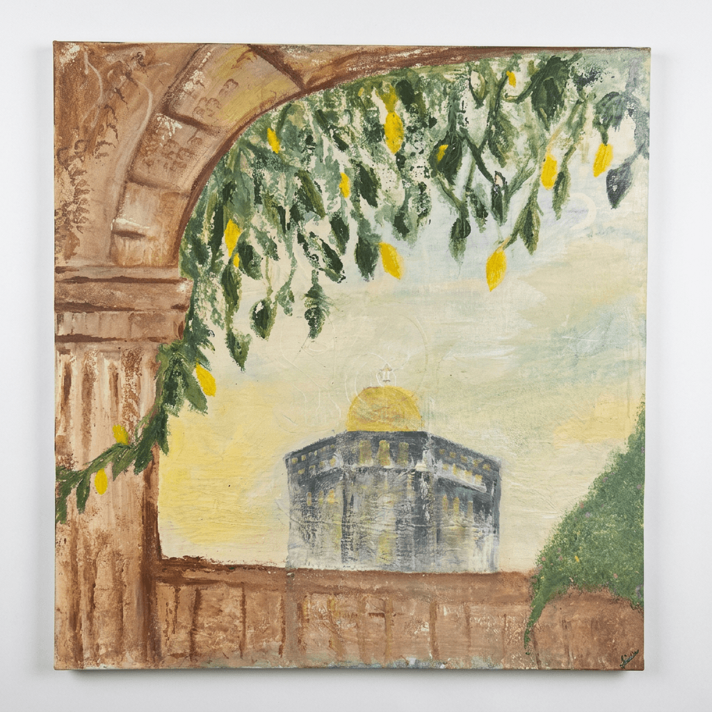Painting of the Dome of the Rock seen through a stone arch, framed by a hanging lemon-tree branch heavy with fruit against a golden sky.