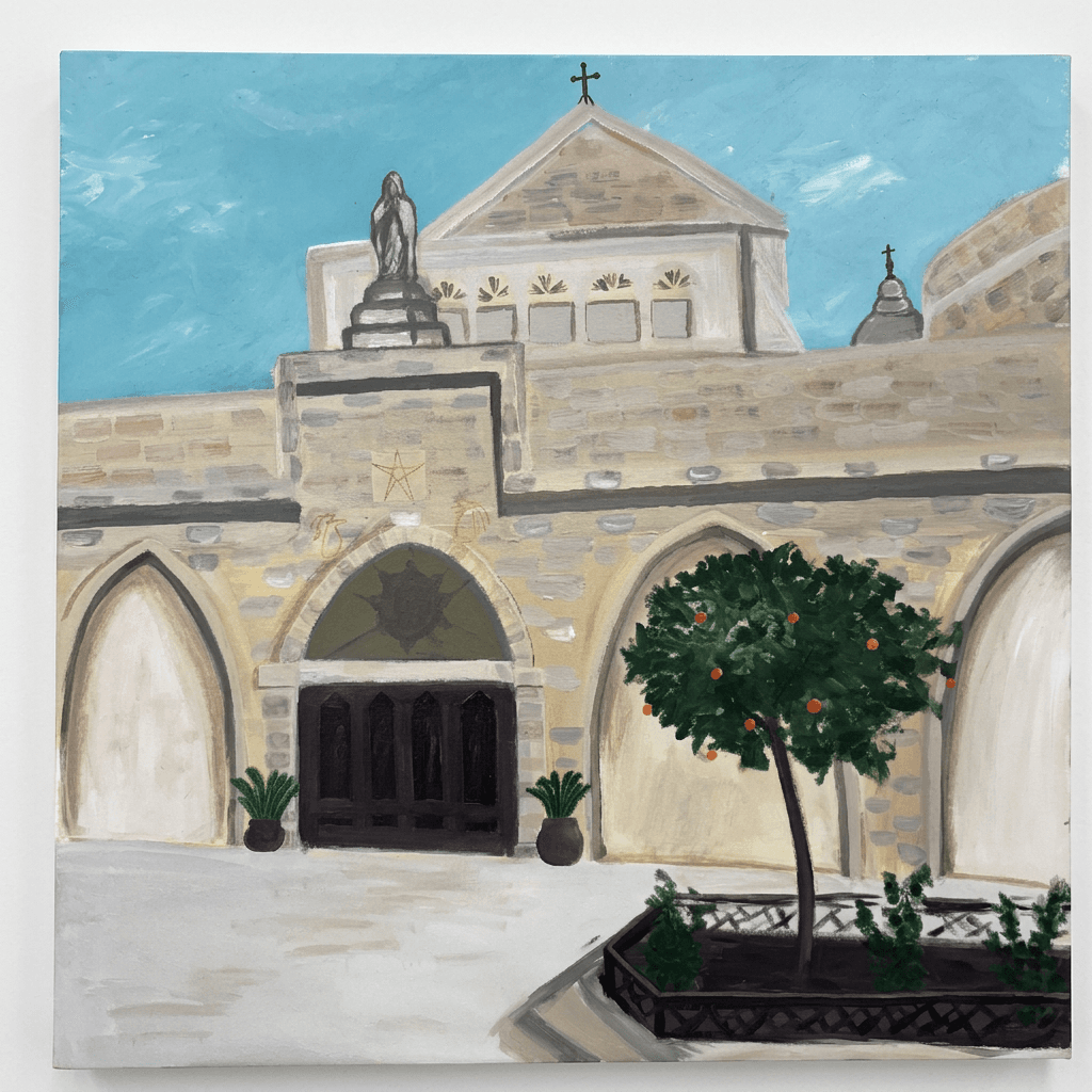 Painting of the Church of the Nativity in Bethlehem — a honey-stone facade with pointed arches, a low dark doorway, a statue and crosses against a bright blue sky, and a potted orange tree in the courtyard.