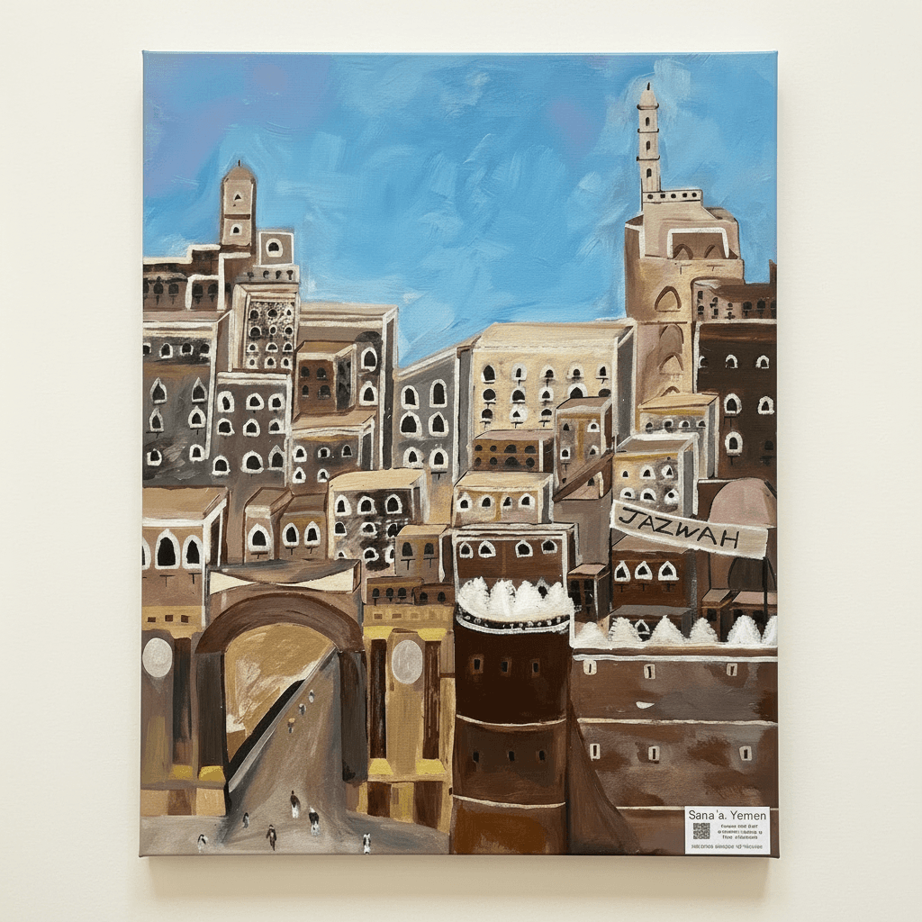 Painting of the old city of Sana'a, Yemen — tall earthen tower-houses in browns and tans with white-outlined arched windows and a minaret, beneath a bright blue sky.