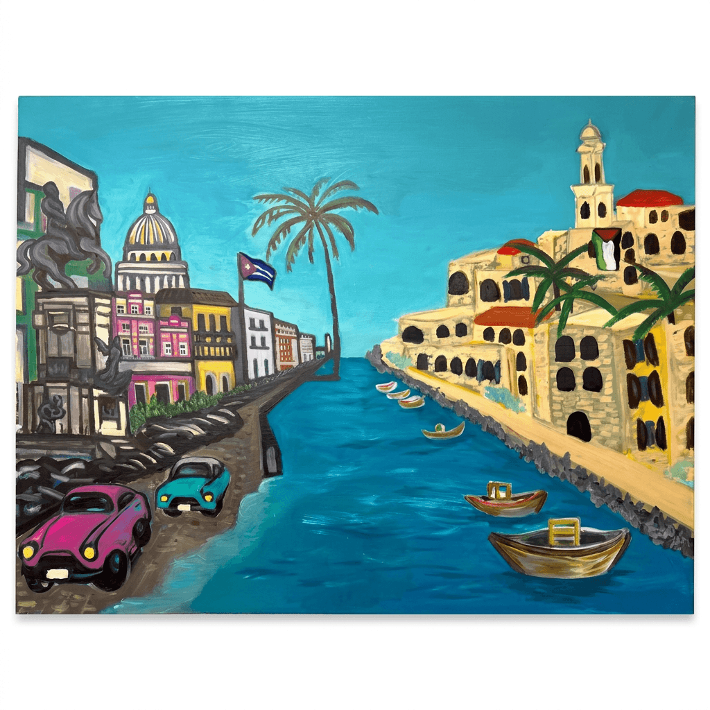 Painting of two coastlines meeting across the water — Havana on the left with the Capitolio dome, a Cuban flag, and vintage pink and teal cars, and Yafa on the right with honey-stone houses, a minaret, a Palestinian flag, and fishing boats, joined by a lone palm on the horizon under a turquoise sky.
