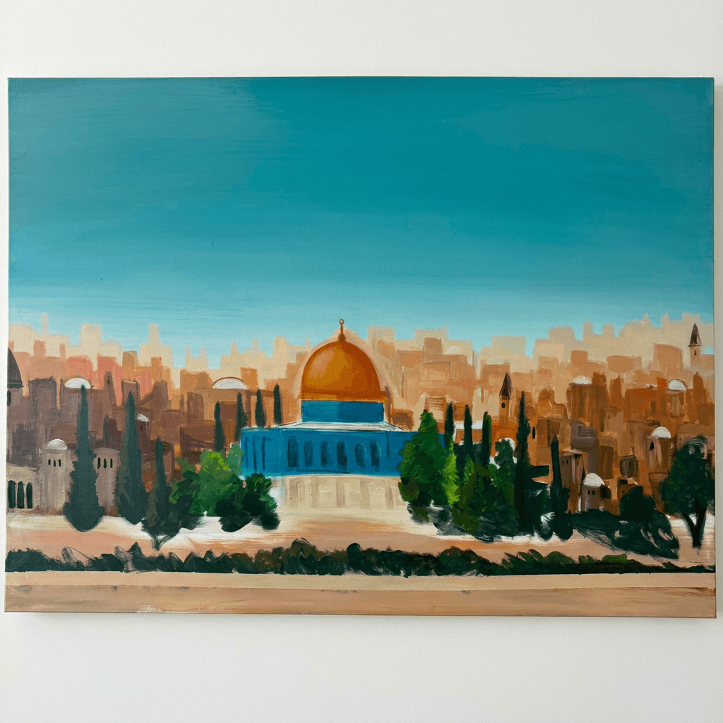Painting of the Dome of the Rock with a golden dome above a deep-blue octagonal body, set among cypress trees and the soft ochre rooftops of Jerusalem's old city beneath a teal sky.