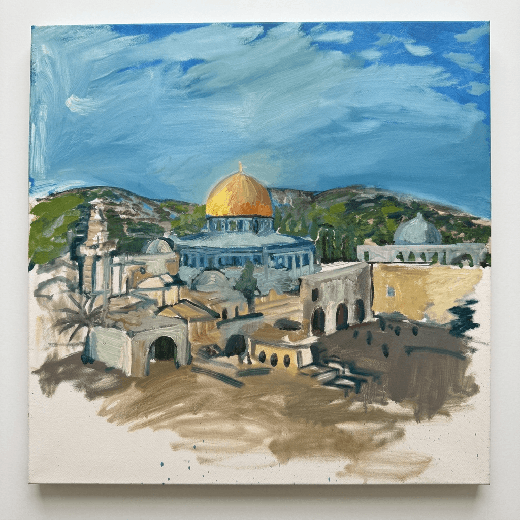 Loose painterly oil study of Jerusalem's Old City, the golden Dome of the Rock glowing at center above pale stone buildings, arched facades, and a lone cypress, against soft green hills and a broad blue sky, with the lower canvas left in bare, sketchy earth tones.