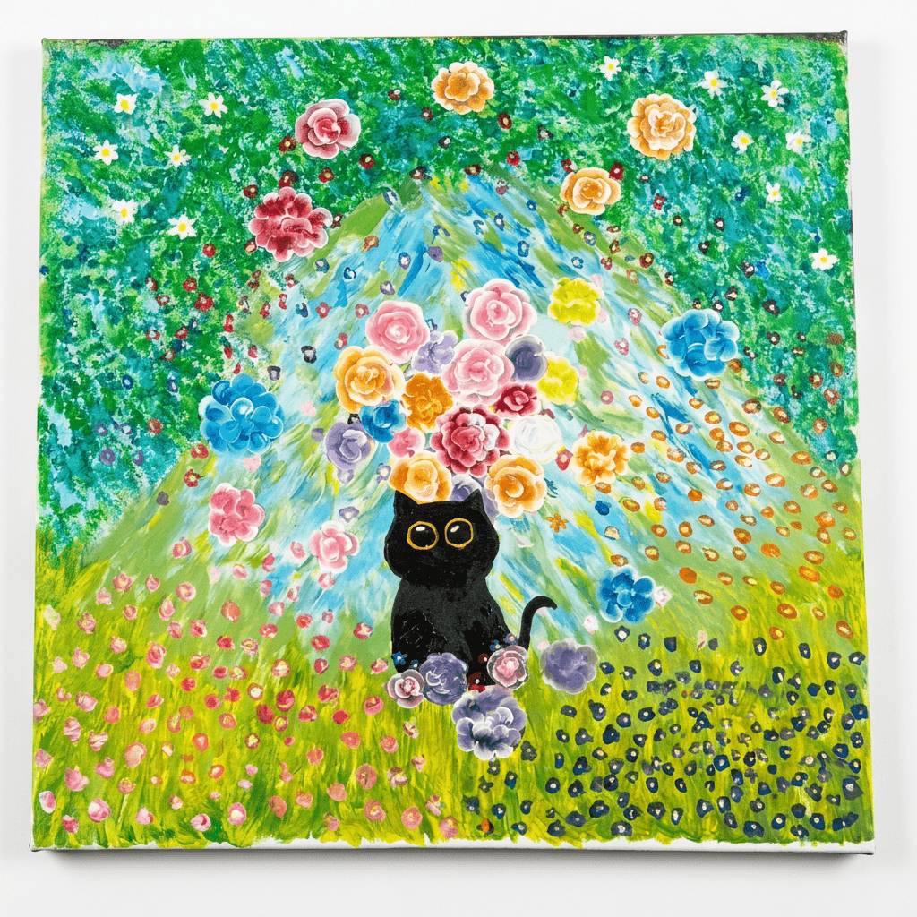 Vivid impressionist painting of a black cat with round golden eyes sitting in a blooming meadow, a burst of pink, orange, blue, and purple roses rising above it against green foliage and a pale blue sky.