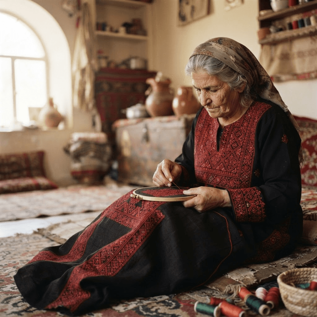 An embroidered thobe with red tatreez panels