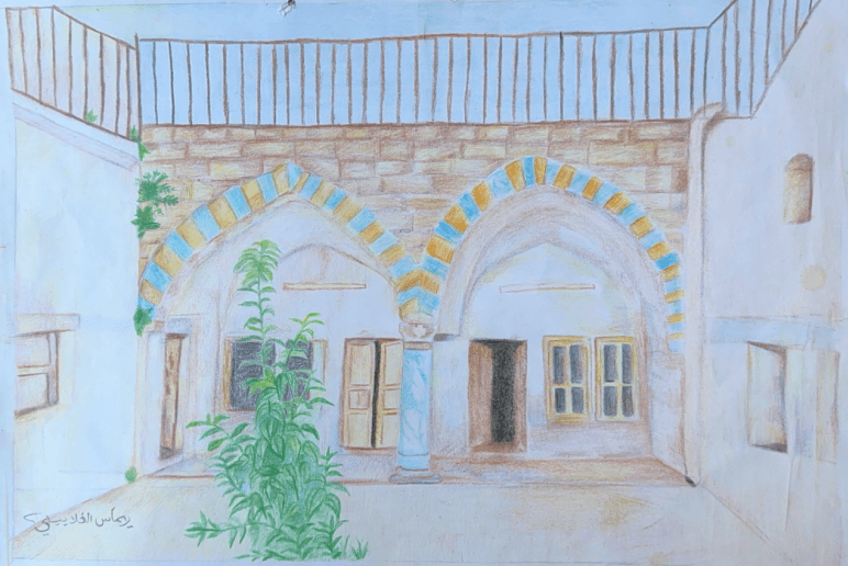 Painting of Al-Ghalayini House from memory by a young artist of the Mayasem Association