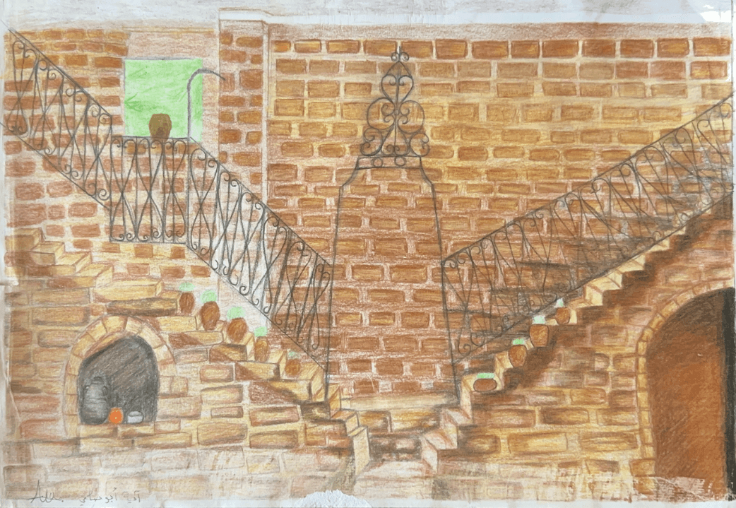 Painting of Al-Saqqa House from memory by a young artist of the Mayasem Association