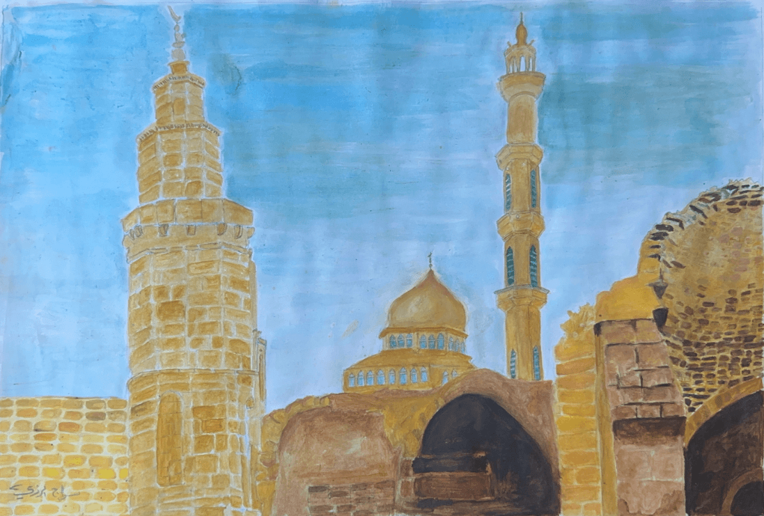 Painting of Barquq Castle from memory by a young artist of the Mayasem Association
