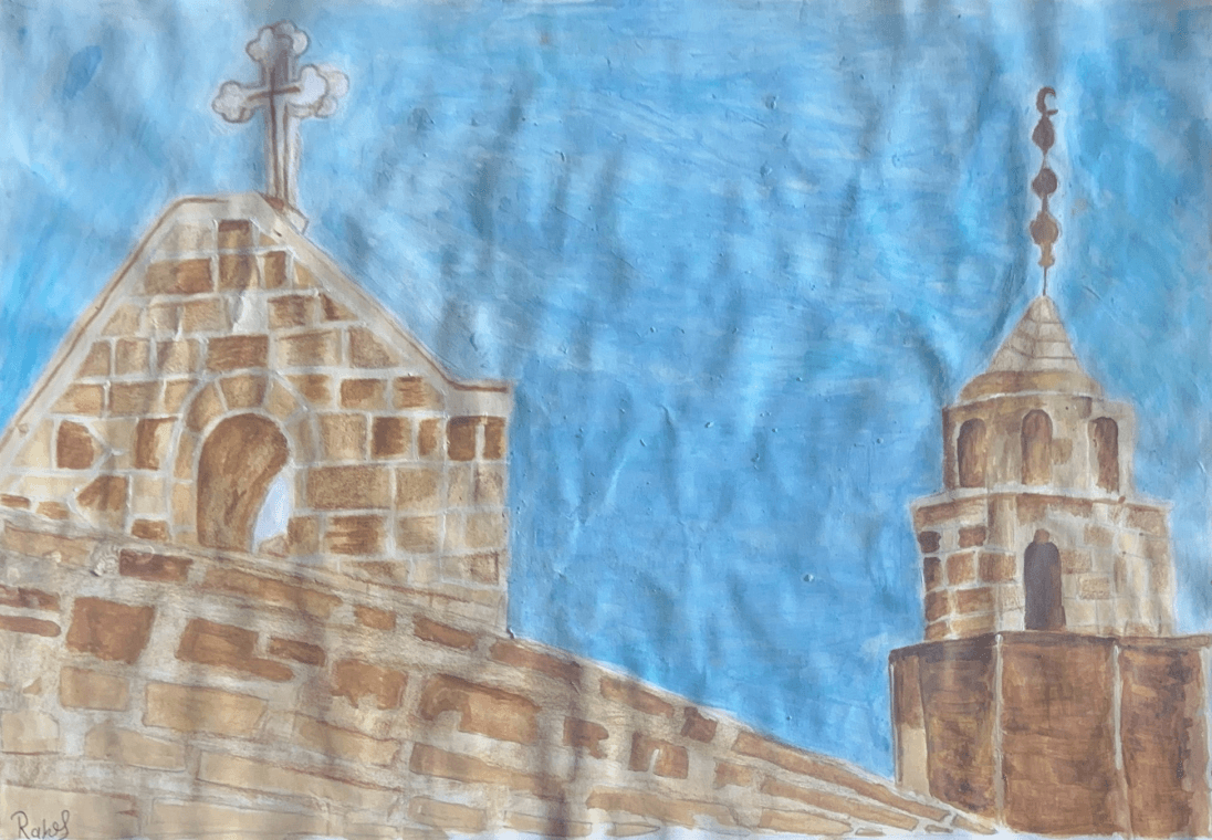 Painting of Church of Saint Porphyrius from memory by a young artist of the Mayasem Association