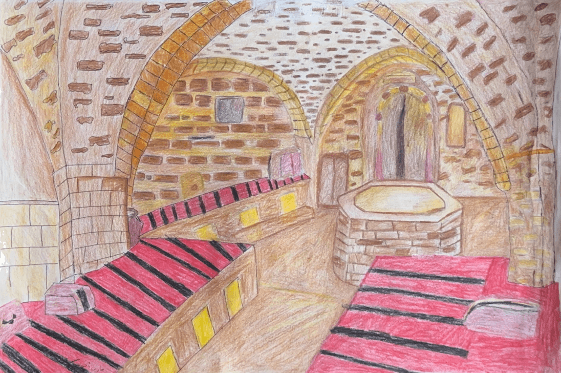 Painting of Hammam al-Samra from memory by a young artist of the Mayasem Association