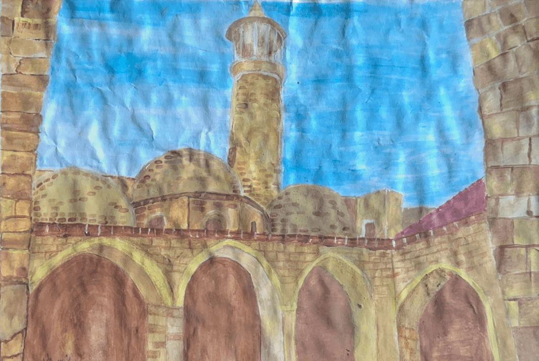 Painting of Great Omari Mosque from memory by a young artist of the Mayasem Association