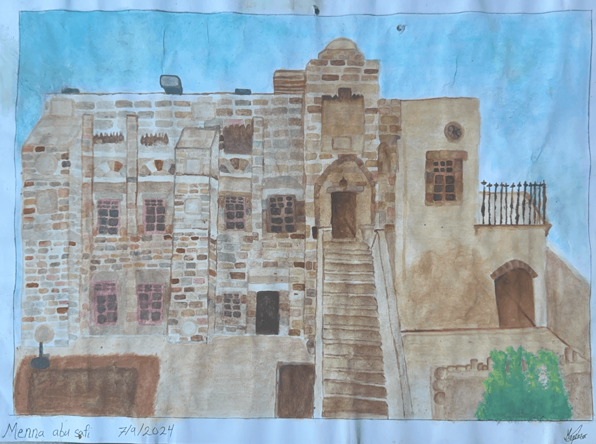 Painting of Qasr al-Basha from memory by a young artist of the Mayasem Association