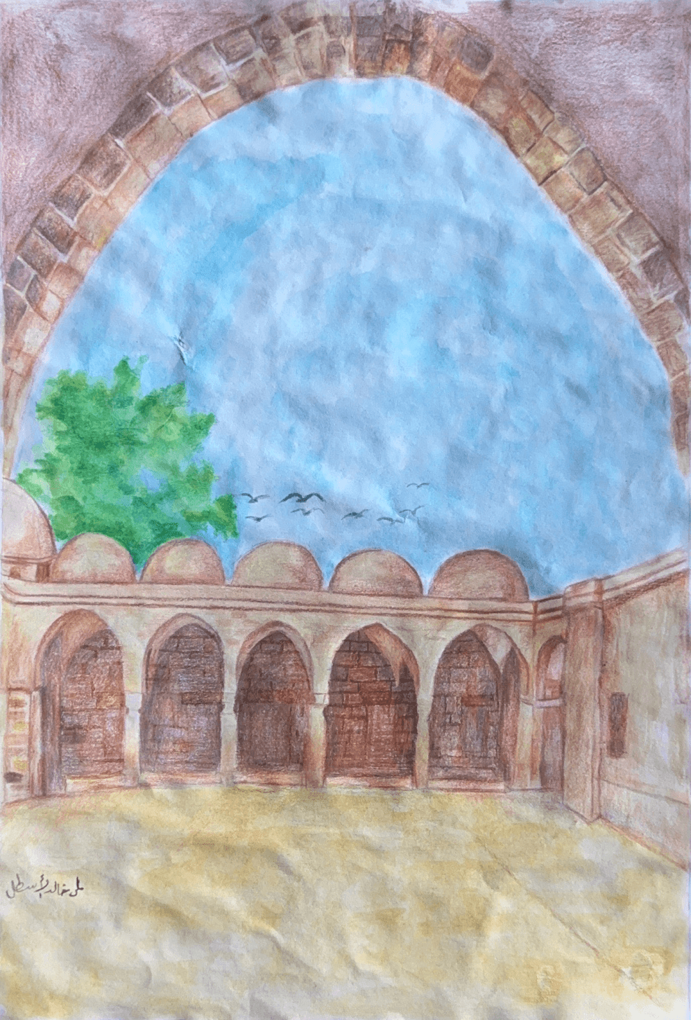 Painting of Al-Sayed Hashim Mosque from memory by a young artist of the Mayasem Association