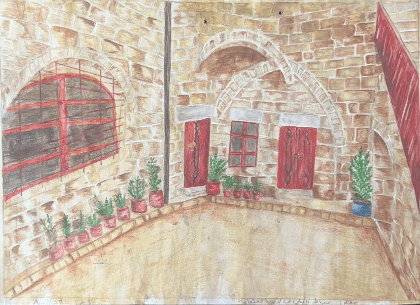 Painting of Sibat al-Alami from memory by a young artist of the Mayasem Association