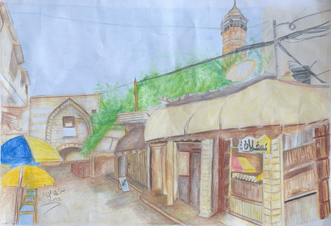 Painting of Souk al-Qissariya from memory by a young artist of the Mayasem Association