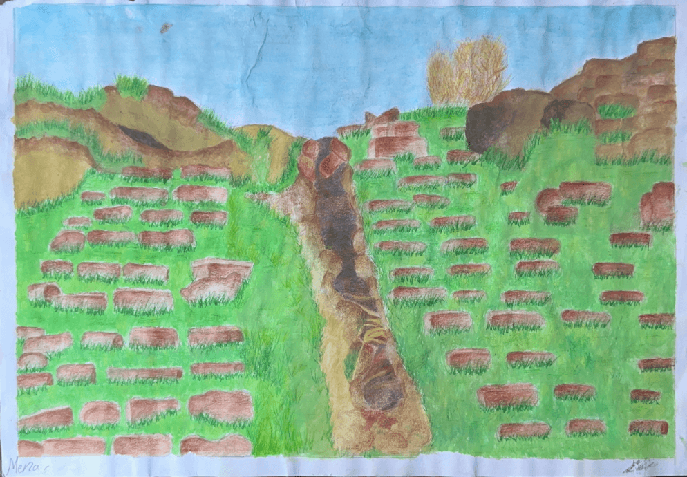 Painting of Tell Rafah from memory by a young artist of the Mayasem Association