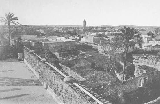A historical black-and-white photograph of old Gaza — a stone rampart wall in the foreground, date palms and terraced gardens, low earthen buildings, and a slender minaret rising against a pale sky