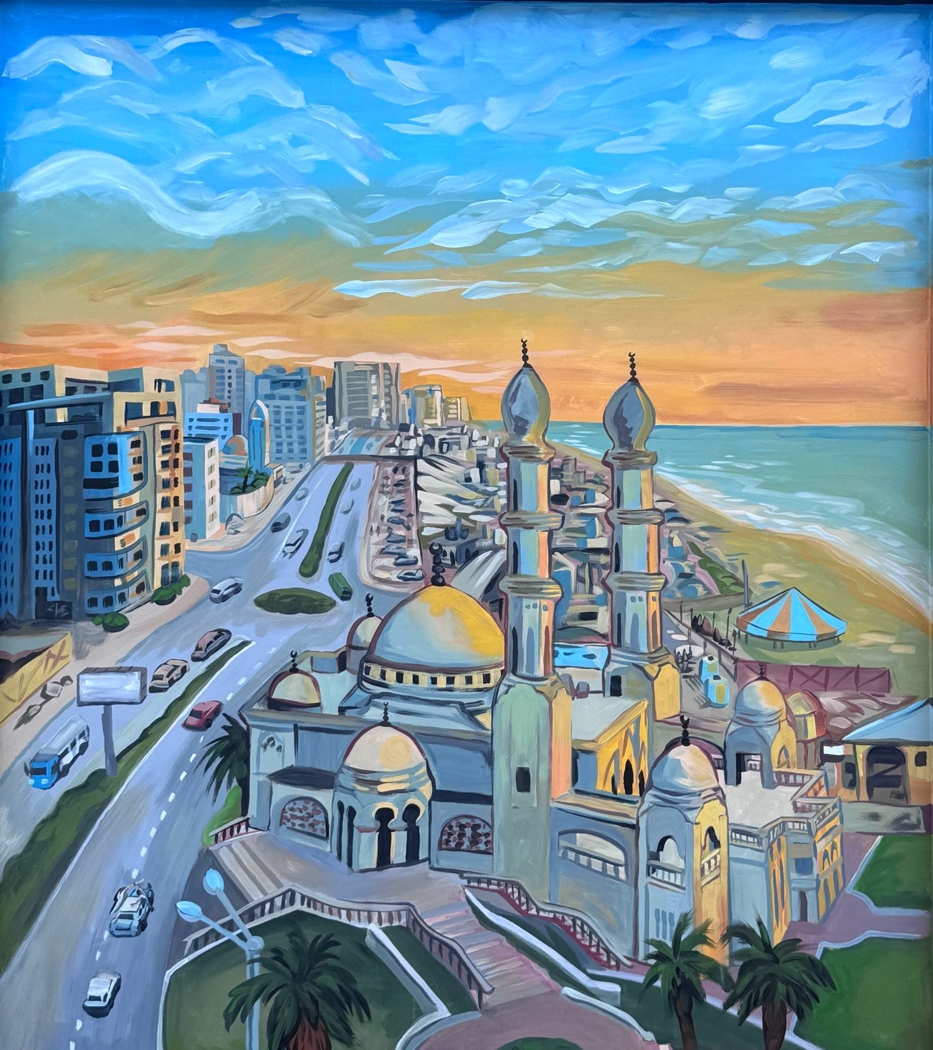 Mural of Gaza City's seafront at sunset — a golden-domed mosque with twin minarets rising above a coastal boulevard, apartment towers, a striped beach tent, and the Mediterranean shore.
