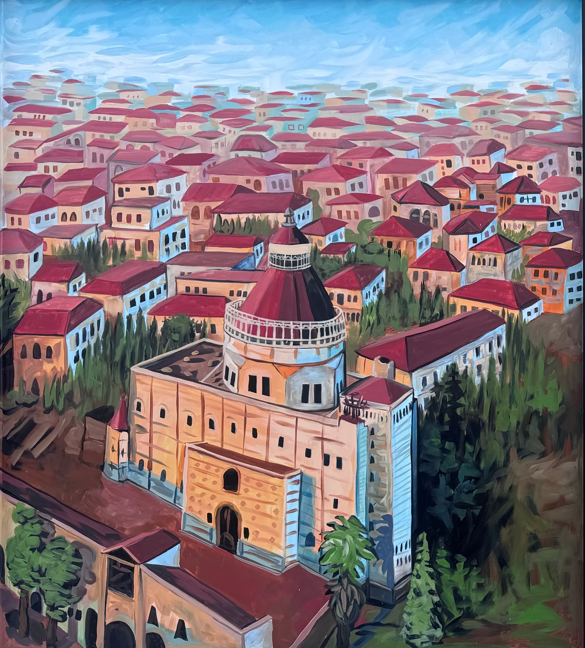 Mural of Nazareth seen from above — the Basilica of the Annunciation with its dark conical dome ringed by dense red-roofed stone houses climbing the hillside among cypress and olive trees.