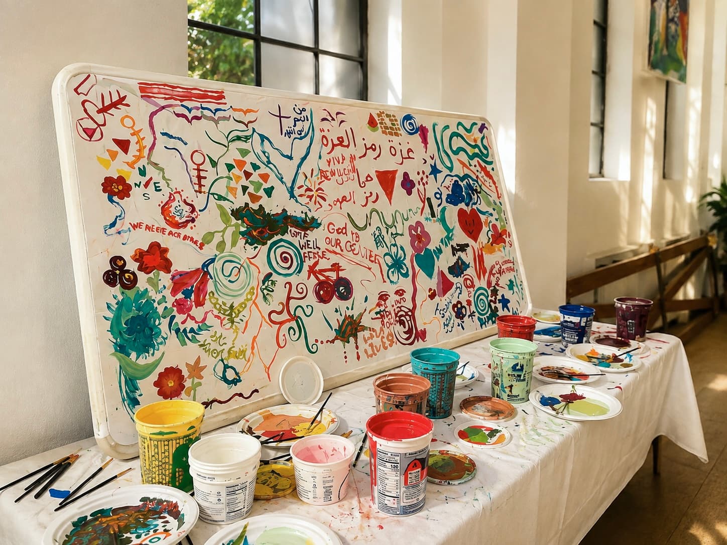 A large white panel covered in children's colorful drawings and Arabic writing beside a table of paints