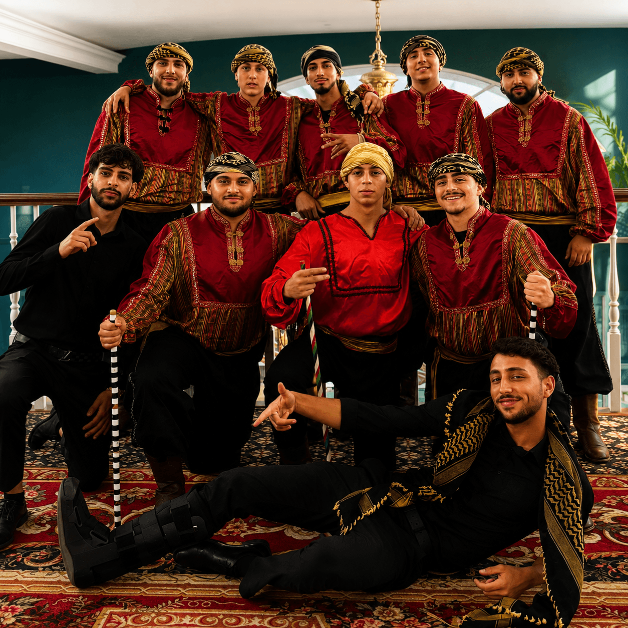 The Freedom Dabke Group in traditional red embroidered Palestinian thobes and keffiyehs